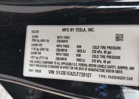 2020 Tesla Model 3 Standard Range Plus Rear-Wheel Drive/Standard Range Rear-Wheel Drive из США, поврежденный, VIN 5YJ3E1EA2LF739107